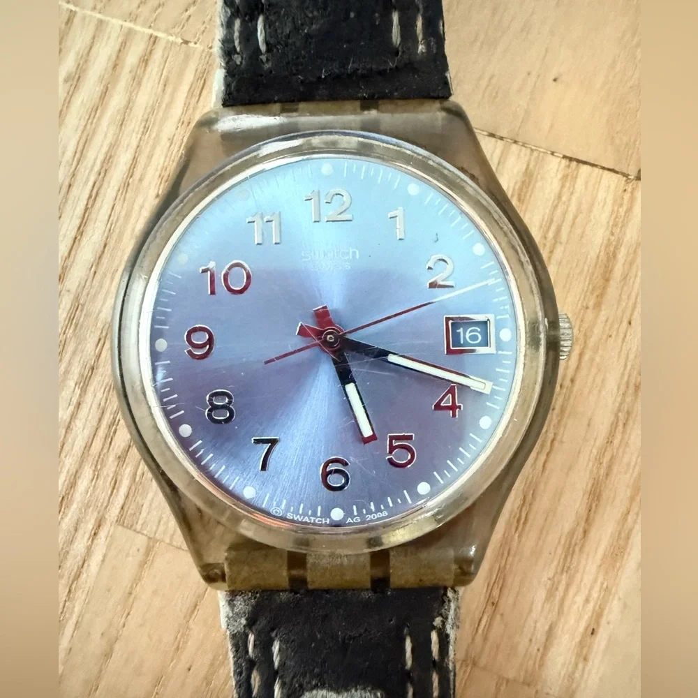 Swatch Blue dial brown strap, Blue Choco classic watch NEW BATTERY